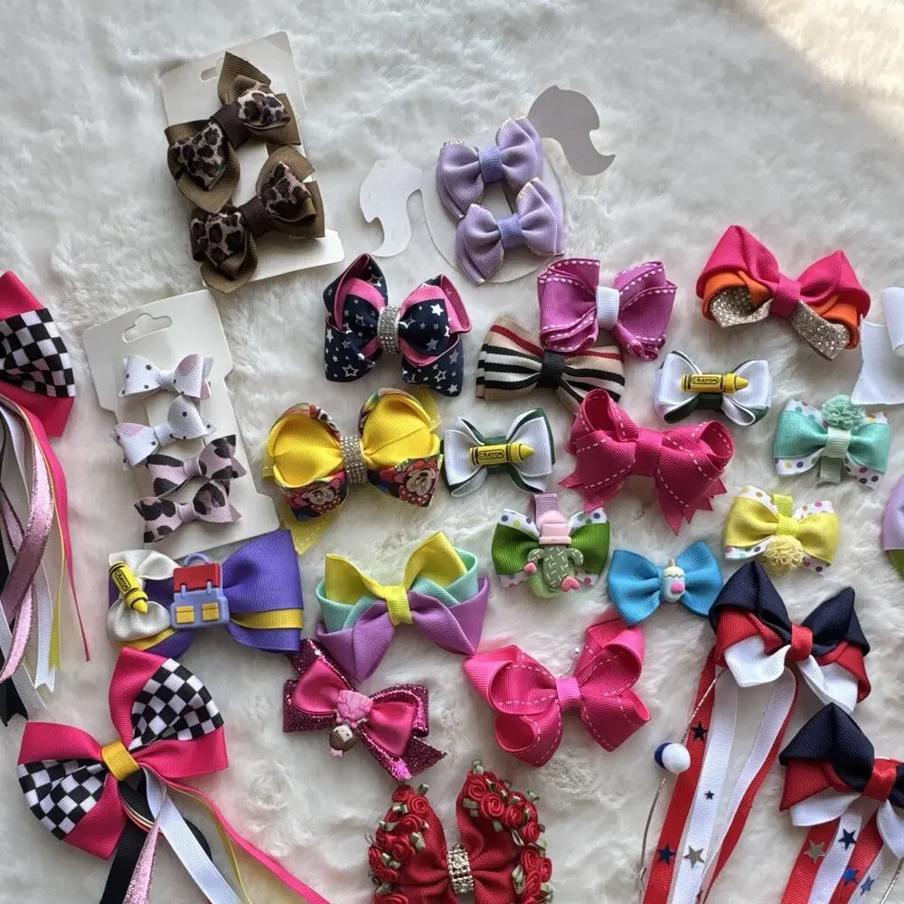Girls Lot of Minnie Mouse Grosgrain Ribbon Hair Clip Bows Glitter Rhinestone
